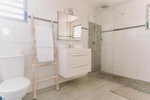 a white bathroom with a toilet and a shower at Habitation TABANON in Petit-Bourg