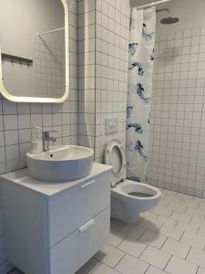 La salle de bains blanche est pourvue d'un lavabo et de toilettes. dans l'établissement Peaceful Lakeside Cabin, à Reynivellir