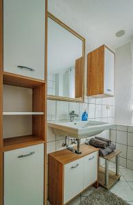 een badkamer met een wastafel en een spiegel bij Wohnen über einem mediterranen Restaurant,Apartment 2 oder 3 in Leipzig