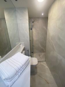 a bathroom with a shower and a sink and a toilet at Apartamento Congonhas 1308 torre suite in Sao Paulo +7 photos