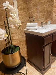 ein Badezimmer mit einem Waschbecken und einer Vase mit Blumen in der Unterkunft Apartmán in Kadaň