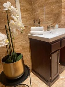 baño con lavabo y jarrón con flores en Apartmán, en Kadaň