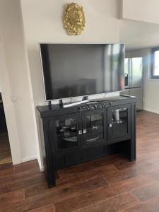 ein schwarzes Entertainment-Center mit einem Flachbild-TV darüber in der Unterkunft Apartmán in Kadaň