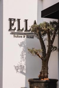 a bonsai tree in a pot in front of a hotel at Ella Suites Hotel in Antalya