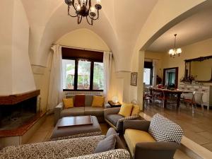 ein großes Wohnzimmer mit Sofas und einem Kamin in der Unterkunft Diddy's Country - Abbasciu in San Vito dei Normanni