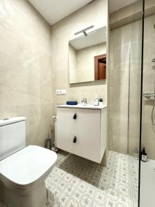bagno con servizi igienici, lavandino e specchio di Fantástico apartamento cerca de Santander a El Astillero