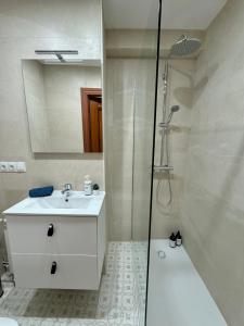 エル・アスティジェロにあるFantástico apartamento cerca de Santanderのバスルーム(白いシンク、シャワー付)