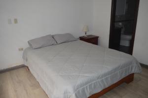 1 dormitorio con 1 cama grande y edredón blanco en Departamento de lujo Condominio ADMIRA, en Cuenca