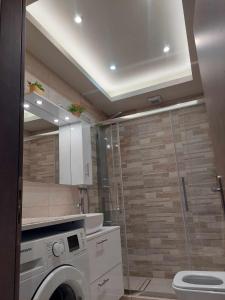 uma casa de banho com uma máquina de lavar roupa e um chuveiro em Akrotiri Luxury Suites em Trápeza