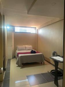 Apartamento tipo estudio في Mérida: غرفة فيها سرير وطاولة فيها