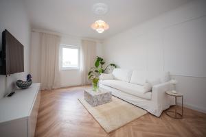 a living room with a white couch and a tv at Hanse Villa - Apartment Hamburg in Lübeck
