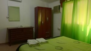 1 dormitorio con cama verde y vestidor en Casa Huguito en Tinogasta