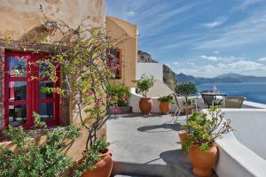 a patio with potted plants and a view of the ocean at PORI HOUSE-VOLCANO VIEW in Oia