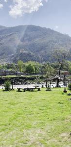 un campo de hierba verde con una montaña en el fondo en Two-Bedrooms Suite At Country Club Balakot en Bālākot