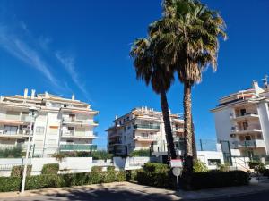 サグントにあるPiso Playa Almardaの2つのアパートの建物の前にある2本のヤシの木