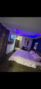 - une chambre avec un grand lit et un plafond violet dans l'établissement Villa Bass, à Bab el Oued