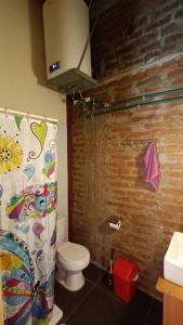 ein Bad mit einem WC und einem Duschvorhang in der Unterkunft Reloj de Flores Lofts y Apartamentos in Viña del Mar