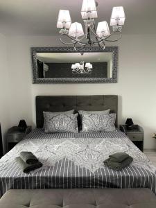 a bedroom with a large bed and a mirror at Villa Astoria 5. Sveti Vlas k.k. Elenite in Sveti Vlas