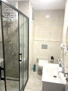 a bathroom with a shower and a sink and a toilet at BY KARAM OTELCİLİK in Istanbul