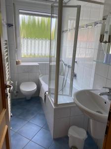 e bagno con doccia, servizi igienici e lavandino. di Stadtzentrumnahe Wohnung an der grünen Aue im 1 Obergeschoss a Fulda