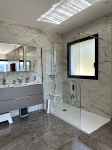 y baño con ducha, lavabo y espejo. en Villa Contemporaine avec Vue Imprenable en Peyruis