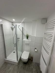 a white bathroom with a shower and a toilet at Altstadt Hemsbach in Hemsbach