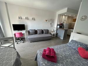 a bedroom with a bed and a living room with a couch at Minerva701 in Benalmádena