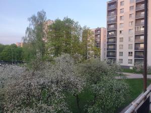 a garden in a city with tall buildings at Apartment in Vilnius in Vilnius