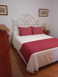 サンルーカル・デ・バラメダにあるLas Nievesのベッドルーム1室(大型ベッド1台、赤い枕付)