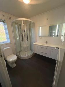 W łazience znajduje się prysznic, toaleta i umywalka. w obiekcie Feriehus og naust i idylliske omstendigheter w mieście Tjørvåg