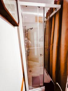 a glass shower in a room with a curtain at Apartmán Pod hradem in Horšovský Týn