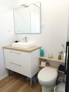 a bathroom with a sink and a toilet and a mirror at Oasis au Chenal - Proche Plage in Grand-Fort-Philippe
