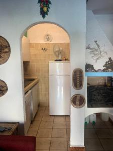 a small kitchen with a white refrigerator in a room at Corallo apartment in Cannigione +3 photos