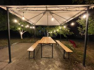 a picnic table with two benches under a tent at Heaven Retreat in Vusanje +16 photos