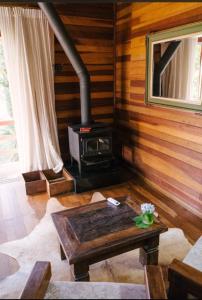 uma sala de estar com um fogão a lenha numa cabina em Parador Hampel em São Francisco de Paula