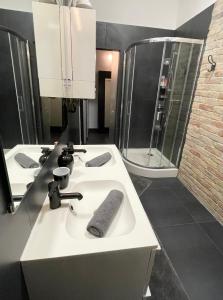 ein Bad mit 2 Waschbecken und einer Dusche in der Unterkunft Alice Apartment in Budapest