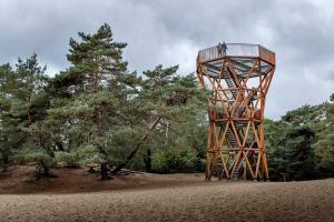 una torre de madera sentada en medio de un campo en Vakantiehuis op rustig bospark Veluwe, en Voorthuizen
