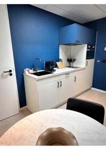 a kitchen with a sink and a blue wall at Hotel Brasserie Smits in Wemeldinge