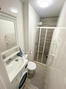 W łazience znajduje się umywalka, toaleta i prysznic. w obiekcie Duneville Apartments Mano Jūra 2 w Połądze