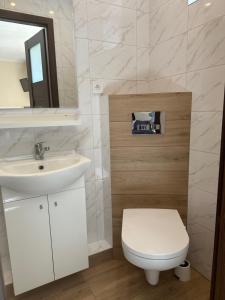 uma casa de banho com um WC branco e um lavatório. em Pokoje Gościnne - Apartamenty MATI em Kopalino