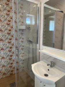 een badkamer met een douche en een wastafel bij Pokoje Gościnne - Apartamenty MATI in Kopalino