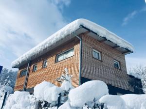 een gebouw bedekt met sneeuw en besneeuwde struiken bij Chalet Maya in Schladming