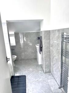 uma casa de banho com um chuveiro, um WC e um lavatório. em Gillingham 4 bed Guest House em Gillingham