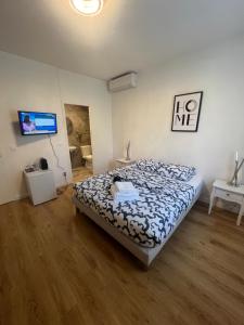 1 dormitorio con 1 cama y TV. en Chambre de charme n2, en Grimaud