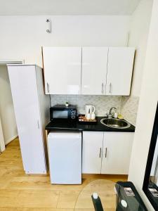 a small kitchen with white cabinets and a sink at Private Studio Flat in City 1190 in London
