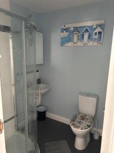 a bathroom with a shower and a toilet and a sink at Beautiful Sea view, Entire 2 bed Apartment, Portrush centre West Strand BeachView in Portrush