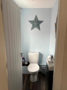 a bathroom with a toilet and a star on the wall at Beautiful Sea view, Entire 2 bed Apartment, Portrush centre West Strand BeachView in Portrush