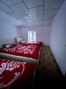 1 dormitorio con 2 camas con sábanas rojas y ventana en Bagu HOMESTAY, 