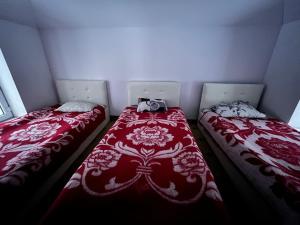 2 camas en una habitación con mantas rojas y blancas en Bagu HOMESTAY, 