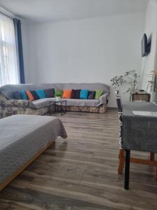 salon z kanapą i stołem w obiekcie Elisabeth Apartman w mieście Sopron